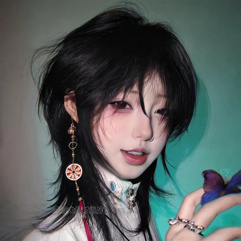 假发男新中式狼尾发cos万用鲻鱼头黑茶色二次元动漫感小众全头套