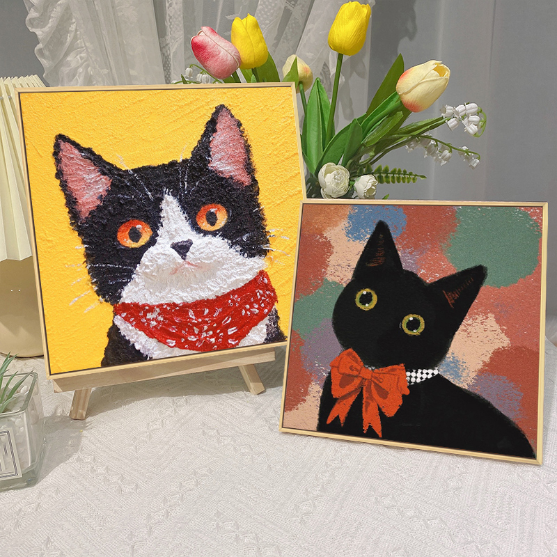 猫咪立体肌理画石英砂丙烯数字油画diy填充色手工材料包装饰挂画图片