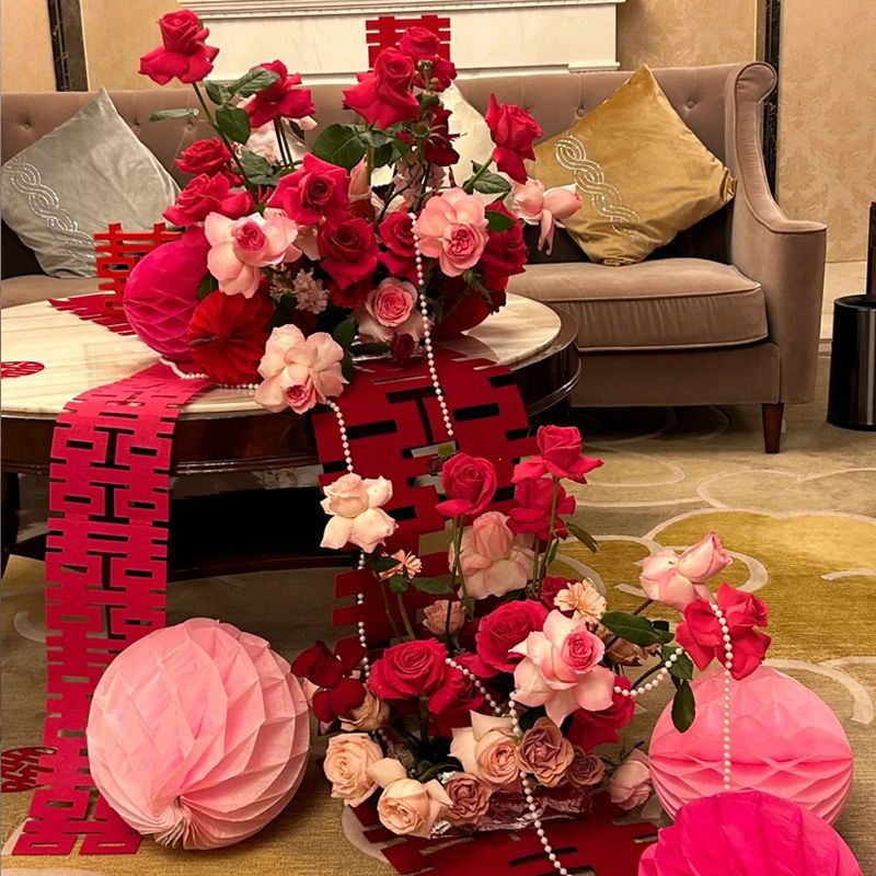 结婚婚房茶几布置订婚床头桌面仿真花装扮喜庆婚礼餐桌花艺摆件