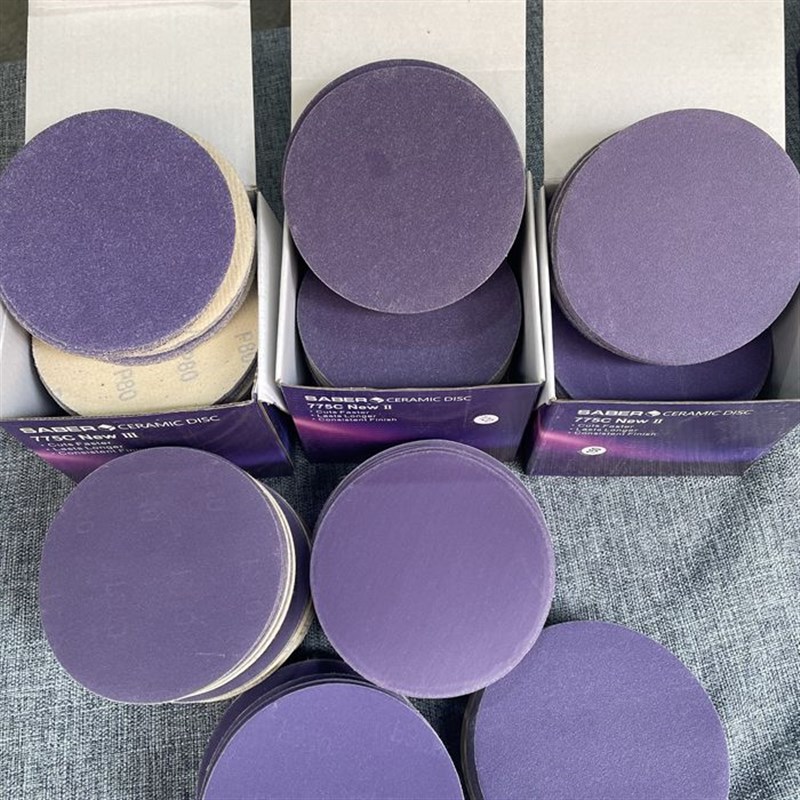 干磨砂纸5寸无孔ber775C紫砂汽车打磨紫色陶瓷超耐磨砂纸植绒