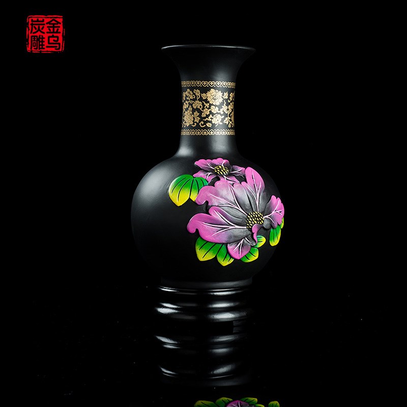 金乌炭雕 紫荆花瓶门厅客厅玄关电视柜书房摆件活性炭装饰品送礼