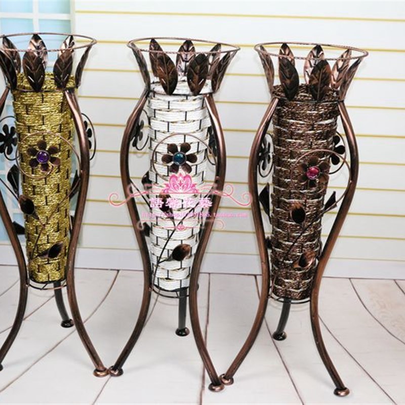 欧式经典家居装饰藤编铁艺客厅三脚铁艺落地花瓶干花插花花器