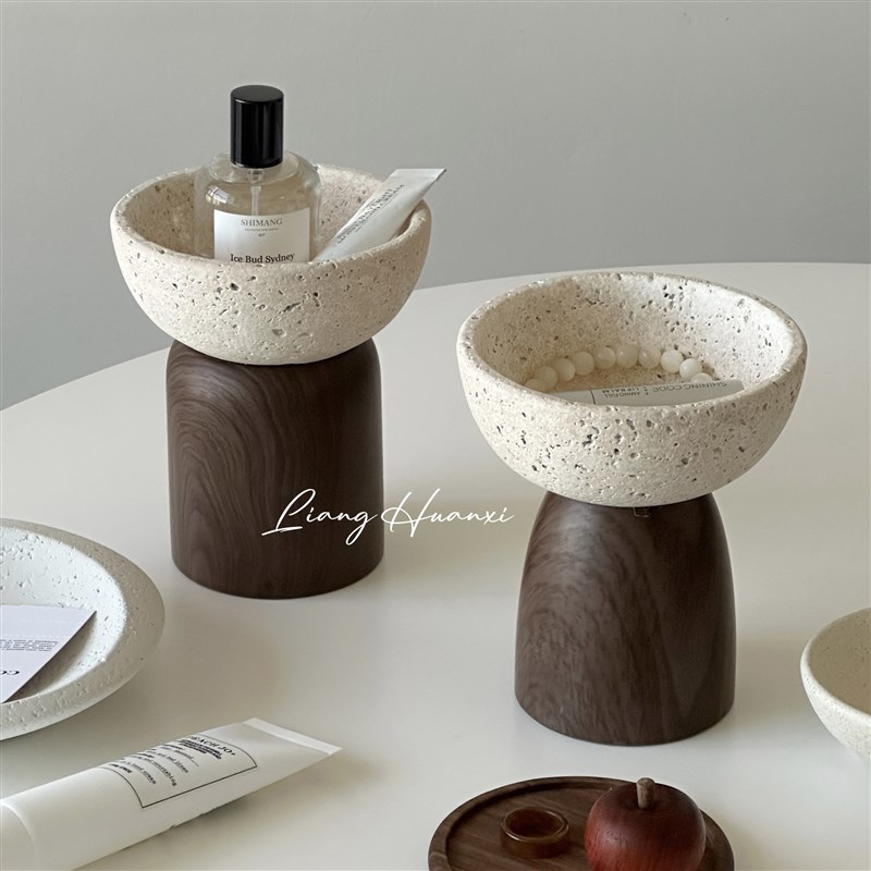 梁欢喜中式复古陶瓷洞石收纳托盘香水饰品收纳碗香薰碗高级感摆件