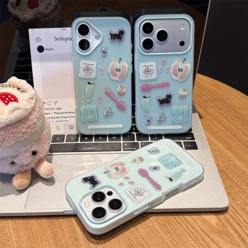 卡通猫咪青苹果贴件新款适用苹果17Pro手机壳iPhone16max小米15华为mate80pura70k90reno14荣耀500x200magic8