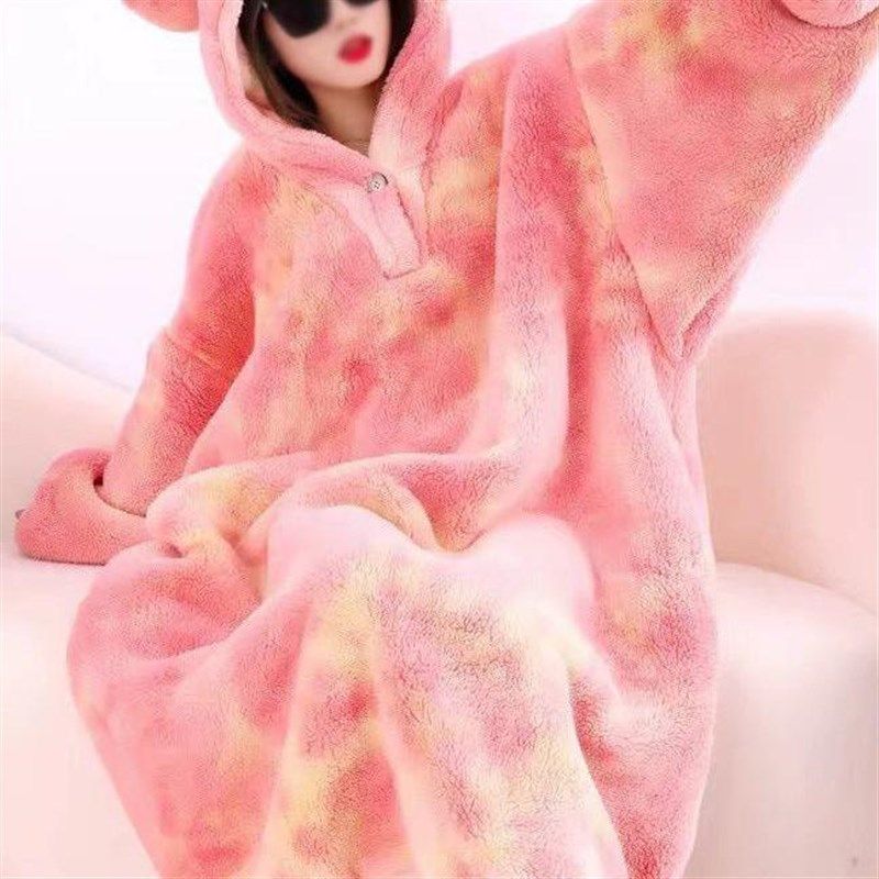 长袖珊瑚绒睡袍女秋冬季长款恶魔冬款加绒加厚大码孕妇法兰绒睡衣