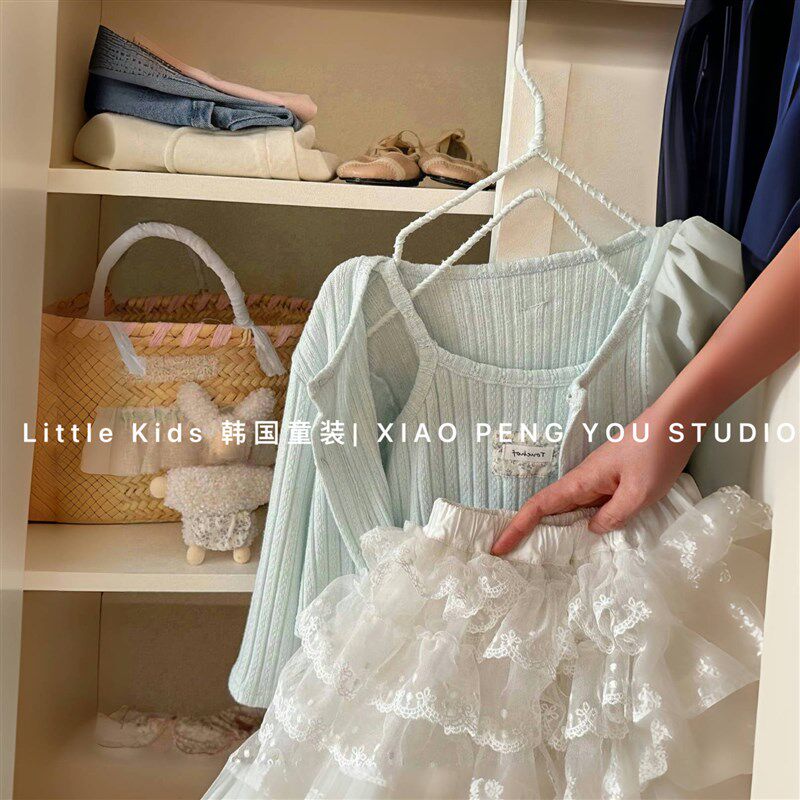 女童开衫套装春夏2025女孩吊带背心针织衫蛋糕裙百褶半身裙两件套