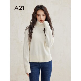 A21女装高领厚毛针织衫2024秋冬新款简约设计感毛衫宽松套头毛衣