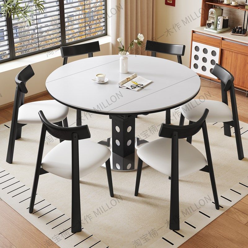 中古风实木岩板餐桌椅组合家用小户型黑色复古风可伸缩圆形餐桌,住宅家具,岩板餐桌,淘宝优惠券,粉丝福利购,淘宝优惠卷