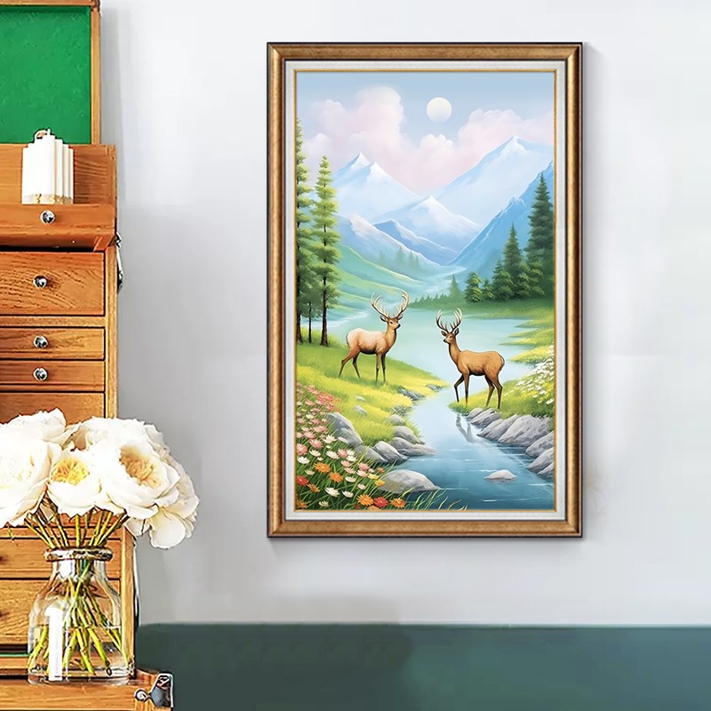 福禄平安十字绣2024新款线绣客厅竖版玄关风景大幅满绣自己绣手工