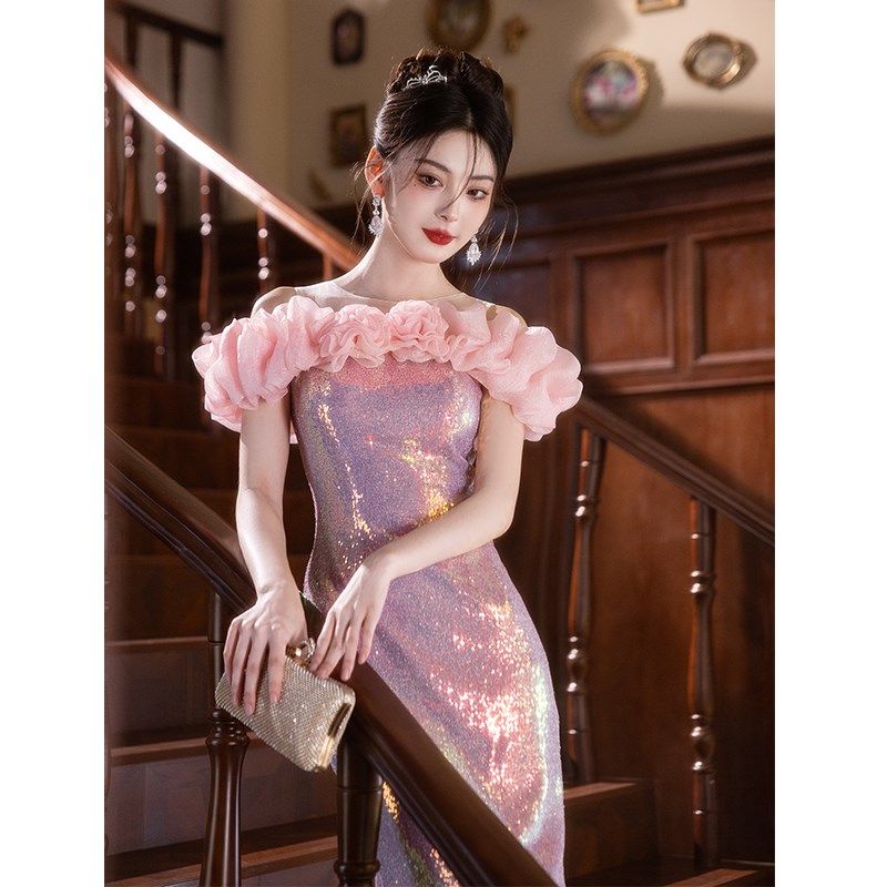 宴会高端晚礼服裙女粉色亮片订婚鱼尾裙气质主持人年会轻奢高级感