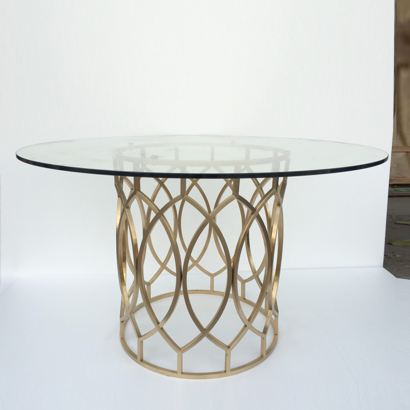 新古典圆餐桌玻璃餐台欧式餐桌拉丝黄铜不锈钢圆桌子饭厅桌洽谈桌