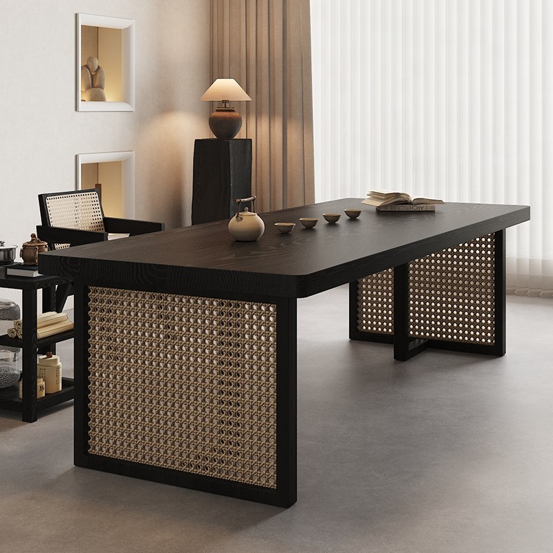 侘寂风实木藤编茶桌椅简约家用小户型茶几黑色实木长方形茶桌茶台