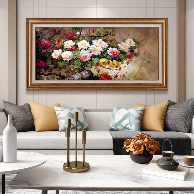 牡丹花装饰画客厅画美式壁画客厅挂画简美沙发背景墙油画花开富贵图片