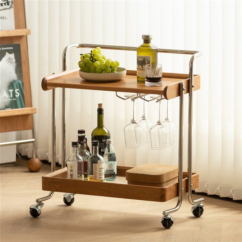 沐林/集物中古小推车实木边几客厅茶几沙发移动推车樱桃木置物架