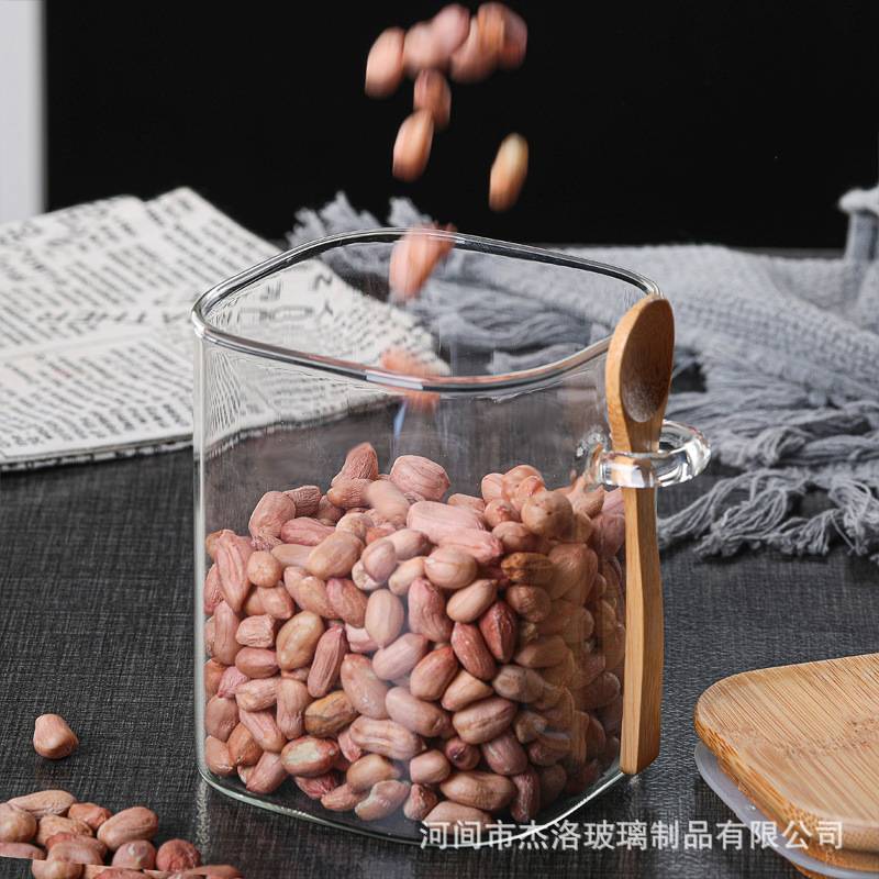 厂家 方形玻璃密封罐家用储存罐带木勺调料瓶厨房食品储物罐