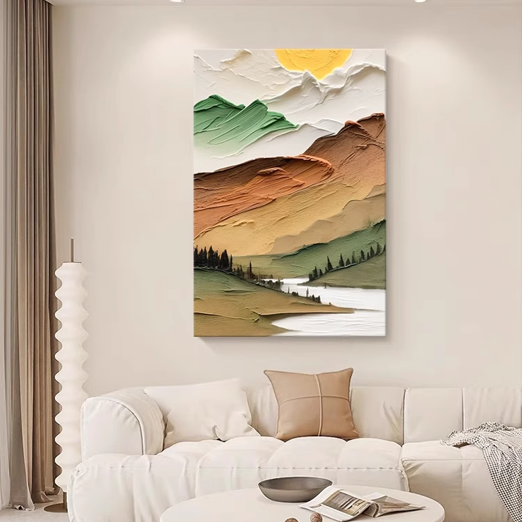 奶油风山水风景纯手绘油画客厅装饰画抽象玄关手工丙烯厚肌理挂画图片
