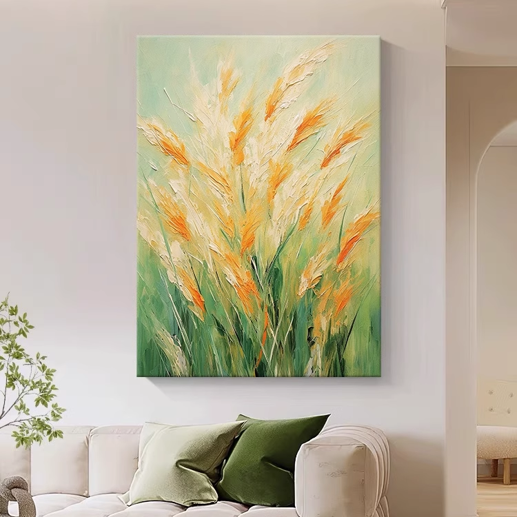 奶油风抽象金色麦穗肌理手绘油画客厅装饰画岁岁平安玄关餐厅挂画图片