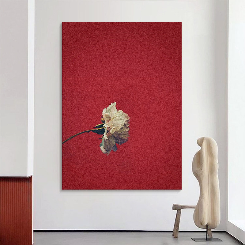 复古中国红色装饰画客厅玫瑰花手绘油画玄关抽象中古风高级感挂画