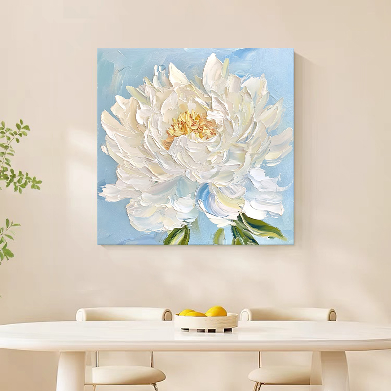 奶油风牡丹花厚肌理手绘油画客厅装饰画白色花朵富贵花开玄关挂画图片