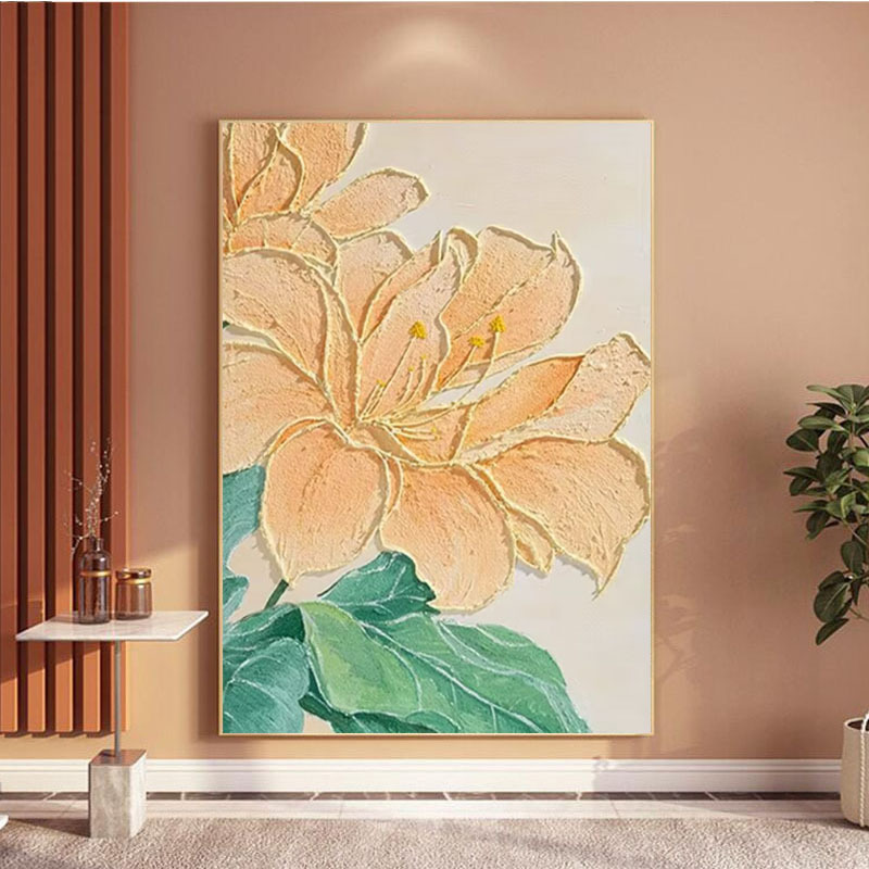 手绘油画高端立体肌理画百合花卉客厅玄关装饰画石英砂酒店别墅图片
