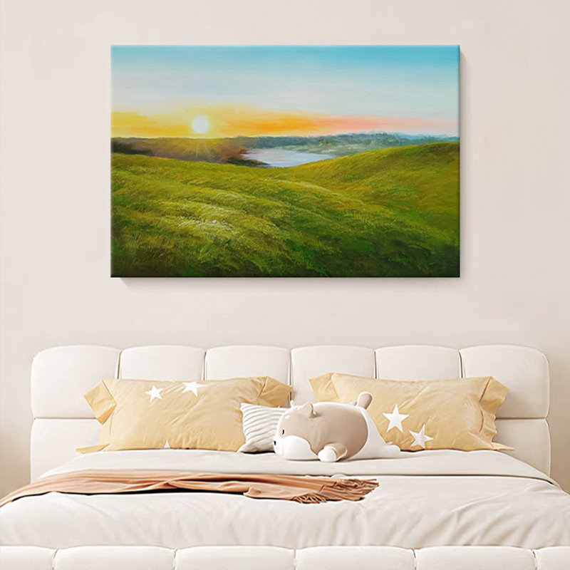 奶油风山水风景手绘油画客厅装饰画草原日出东方手工丙烯餐厅挂画图片