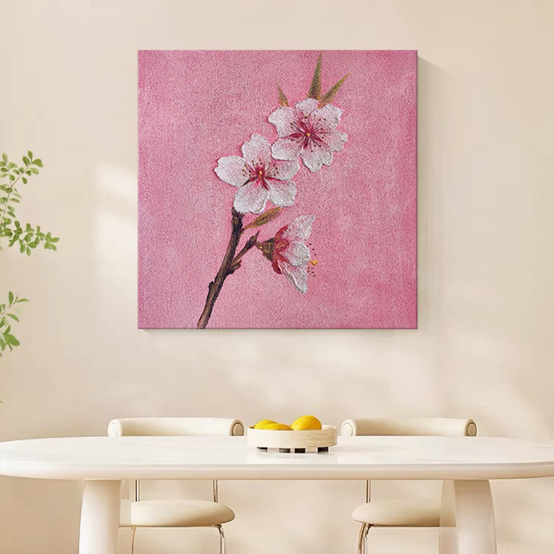 奶油风粉色梅花肌理手绘油画客厅装饰画花卉餐厅手工丙烯玄关挂画图片
