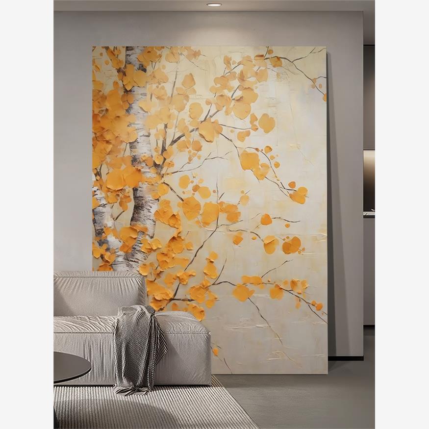 银杏树原木风纯手绘油画黄金叶子客厅现代装饰画玄关意式简约挂画图片