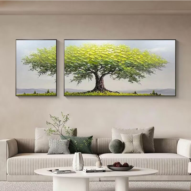 纯手绘油画聚财发财树客厅装饰画两联画酒店床头抽象挂画双拼图片