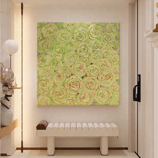 奶油风手绘油画绿色花卉客厅装饰画玄关挂画餐厅现代简约抽象壁画