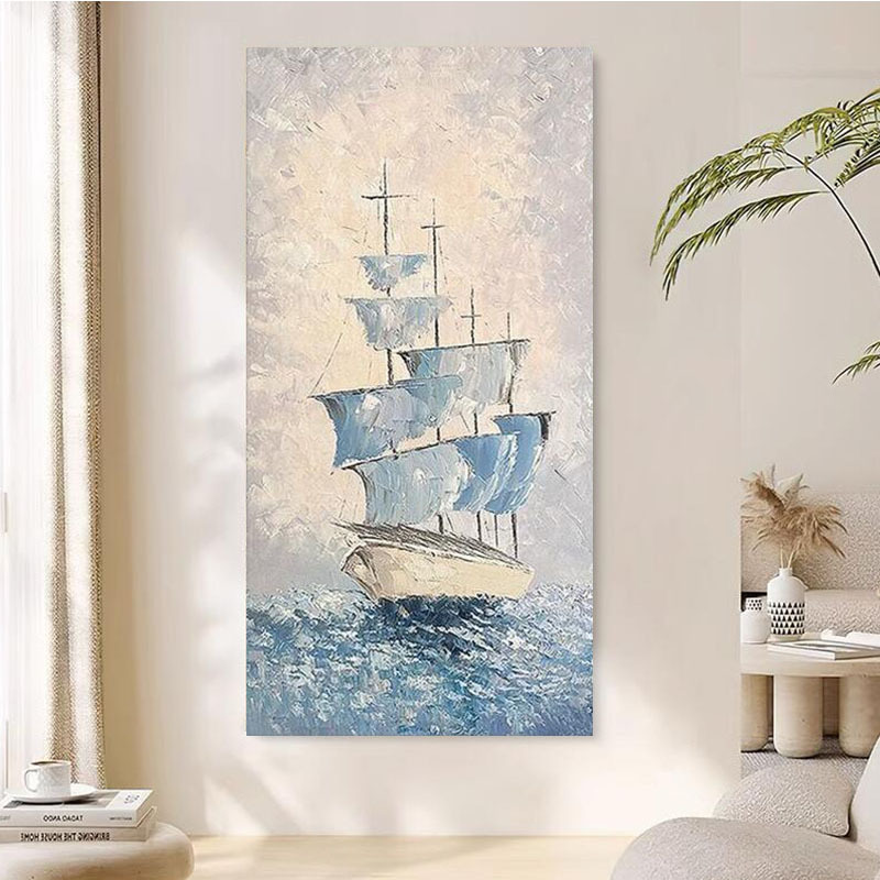 手绘油画一帆风顺客厅装饰画大海帆船丙烯肌理画玄关入户轻奢图片