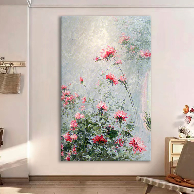 侘寂风粉色花卉手绘油画奶油风花朵网红装饰画客厅挂画玄关肌理画
