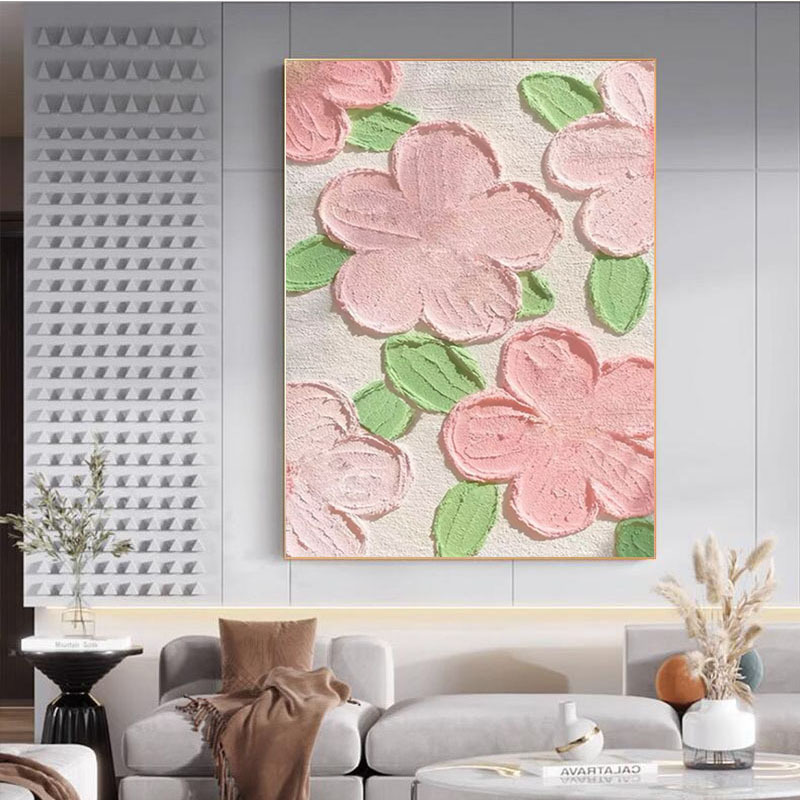 手绘油画奶油风客厅玄关装饰画卧室花卉立体石英砂肌理粉色图片