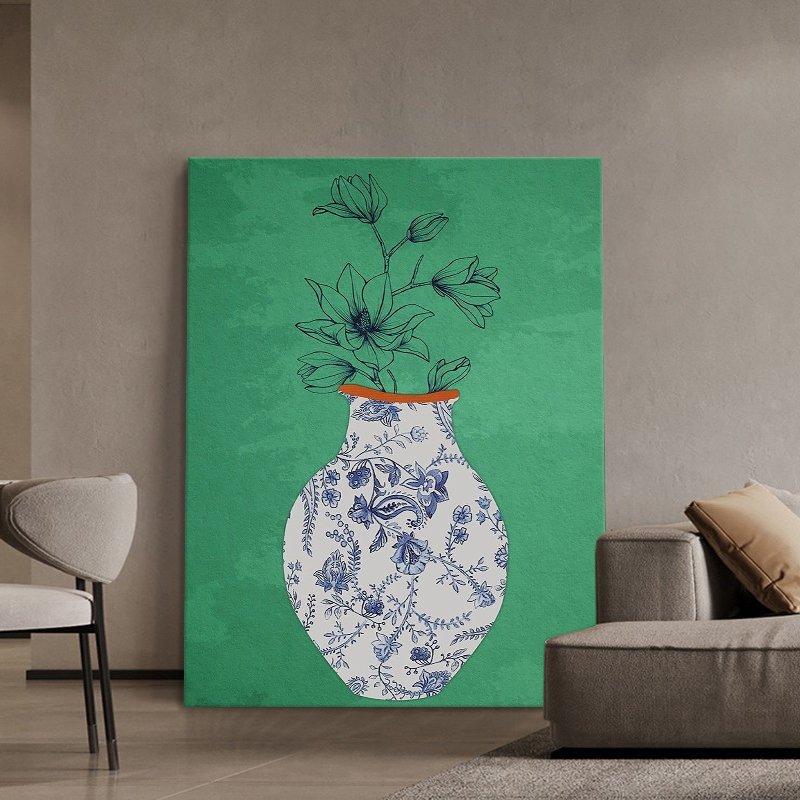 中古风绿色客厅装饰画青花瓷花卉手绘油画新中式花瓶玄关静物挂画图片