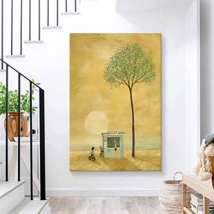 卡通治愈系风景手绘油画艺术人物树木客厅装饰画玄关卧室小众挂画