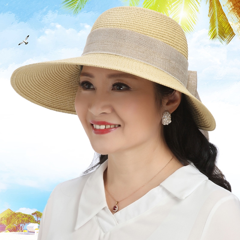 夏天中老年人遮阳防晒帽子女士草帽透气老人大沿沙滩帽中年妈妈帽