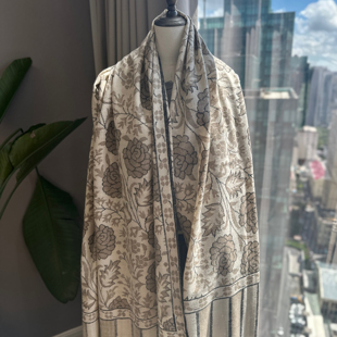 QR认证 手纺线密织老坯子白绒玫瑰素卡尼克什米尔披肩