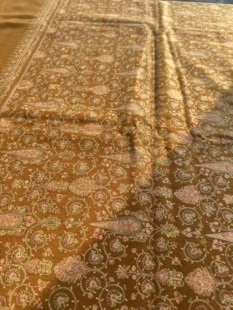 Vintage手纺线姜黄色真丝满绣佩斯利花克什米尔纯手工披肩