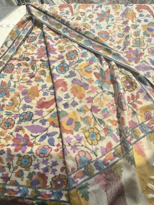 QR认证超大Gents米白色小色块花卉水彩蓝色卡尼克什米尔手工披肩