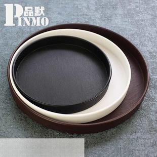 加厚托盘水杯茶盘黑色密胺圆形木纹托盘茶杯家用酒店托盘餐具