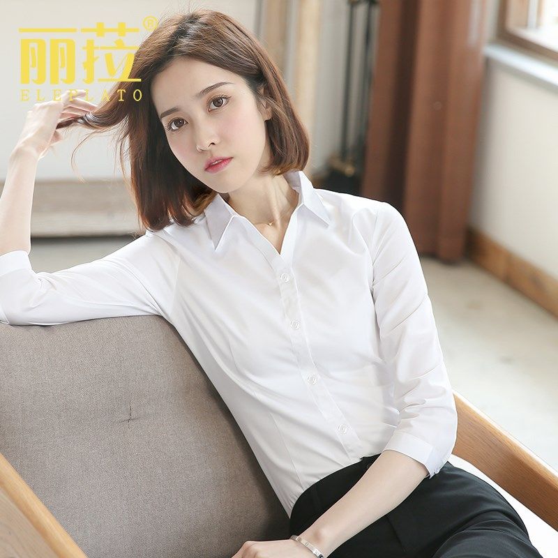 白衬衫女V领七分袖夏季新款中袖A正装工作服薄款职业装白色衬衣夏