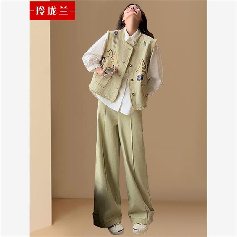 重工涂鸦刺绣马甲衬衫套q装裤女2025春秋新款高级感小众显瘦三件