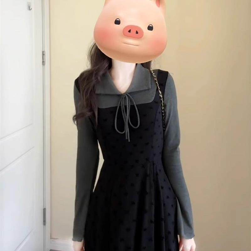法式感假两件针织连衣裙黑色polo领冬季配大衣内搭打底长裙子女装