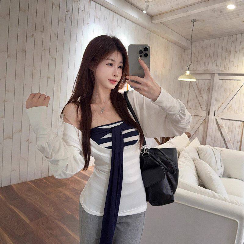 两件套纯欲白色u领长袖T恤女秋季修身收腰设计感上衣叠穿条纹抹胸