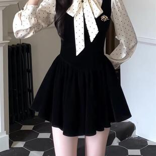 富家千金初恋感新款连衣裙舒适感小香风穿搭波点假两件收腰小黑裙