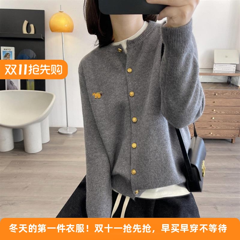 24早春圆领女士100纯羊毛开衫精致刺绣幸运小马可爱卡通针织外套
