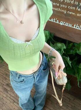 bm假两件纯欲风蕾丝打底衫内搭t恤女设计感短袖女款夏季绿色上衣