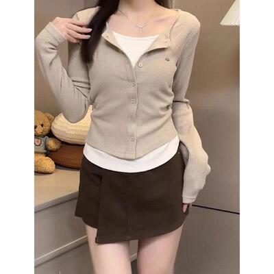 新品上市假两件长袖t恤女秋季新款设计感小众修身显瘦上