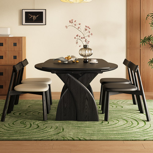 中古风实木岩板餐桌椅2025新款复古家用小户型伸缩可变圆吃饭桌子