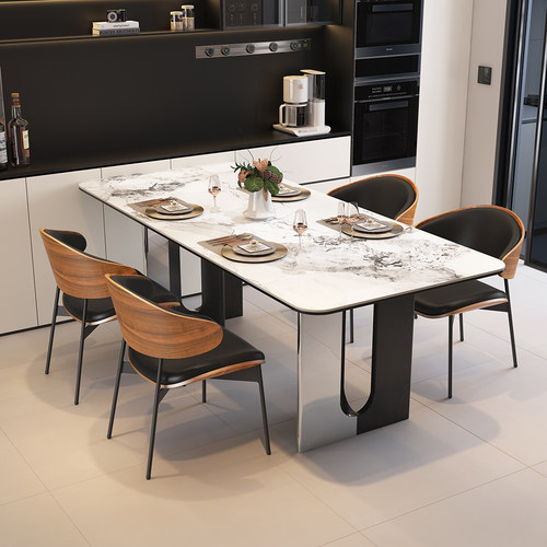 意式极简岩板长方形餐桌椅组合