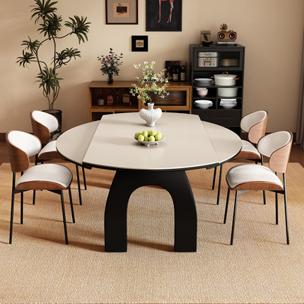 复古中古风实木岩板餐桌椅组合客厅高端家用小户型可变圆吃饭桌子